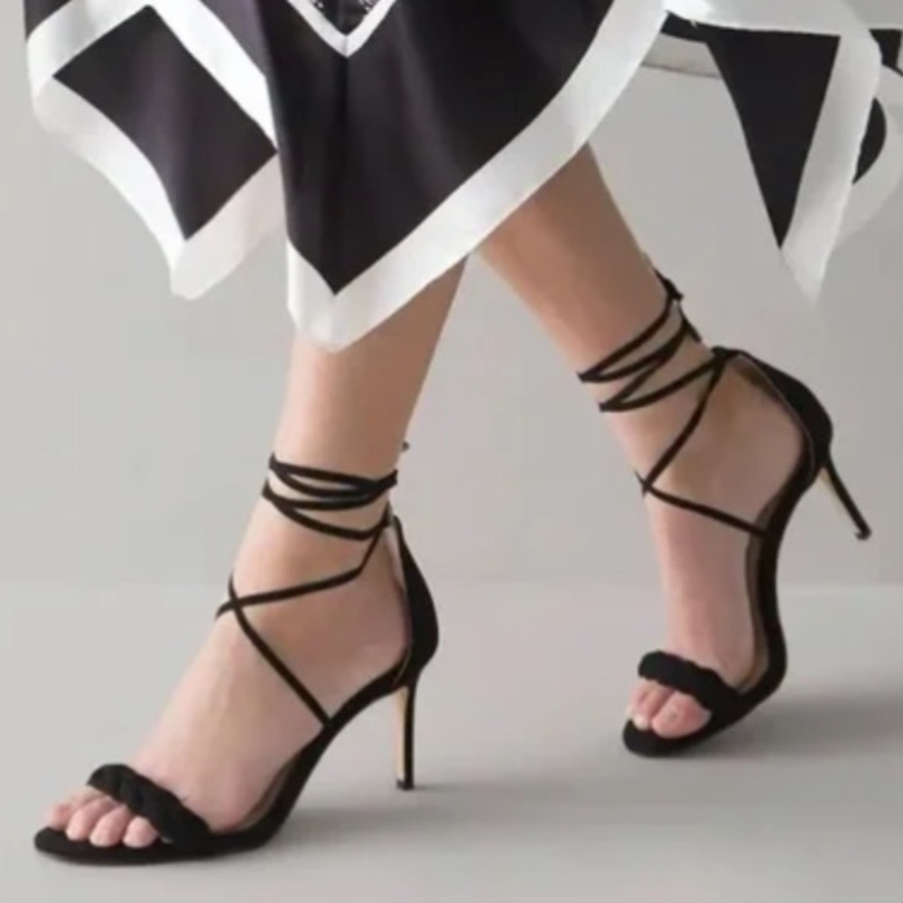 White House Black Market 8M Black Faux Suede Amara Strappy Braided Sandals NWOB